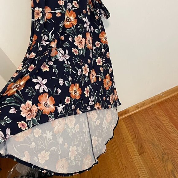 BY & BY / BY&BY Navy Blue Floral Print High Low Hi-Lo Midi Maxi Faux Wrap Dress - Picture 9 of 16